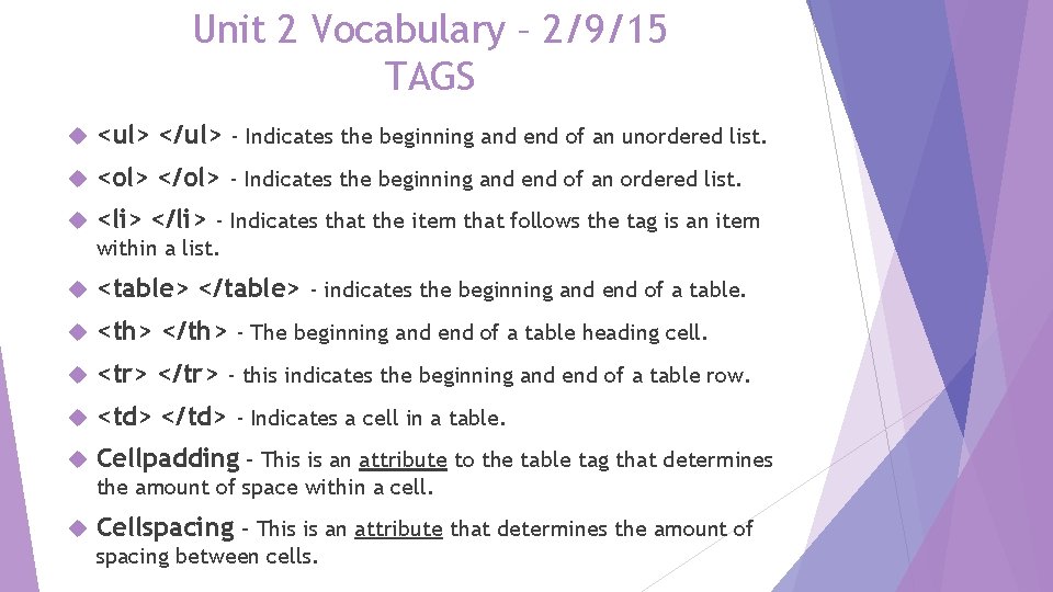 Unit 2 Vocabulary – 2/9/15 TAGS <ul> </ul> - Indicates the beginning and end Unit 2 Vocabulary – 2/9/15 TAGS <ul> </ul> - Indicates the beginning and end