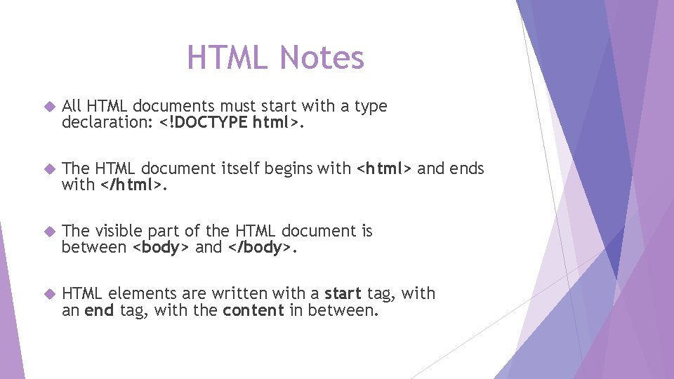 HTML Notes All HTML documents must start with a type declaration: <!DOCTYPE html>. The HTML Notes All HTML documents must start with a type declaration: <!DOCTYPE html>. The