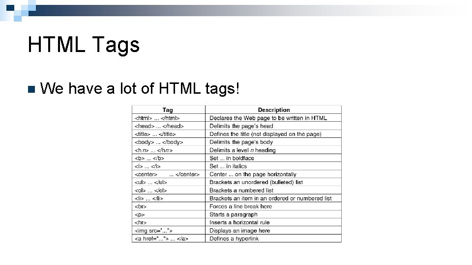 HTML Tags n We have a lot of HTML tags! 