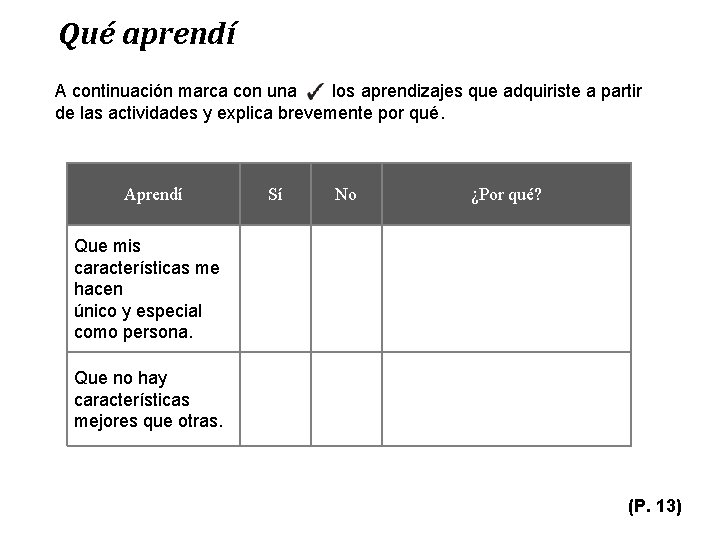 Qué aprendí A continuación marca con una los aprendizajes que adquiriste a partir de