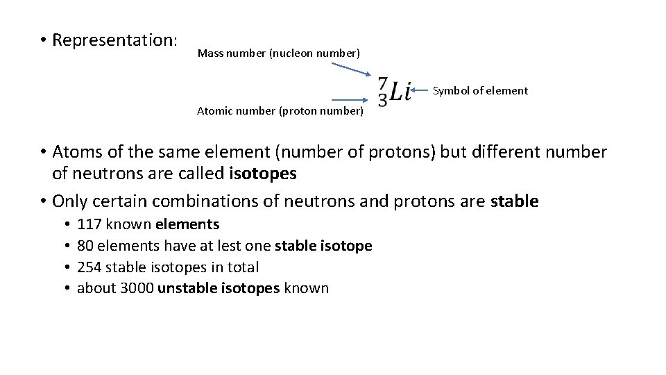  • Representation: Mass number (nucleon number) Symbol of element Atomic number (proton number)