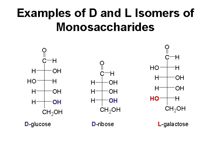 Examples of D and L Isomers of Monosaccharides O O C H H OH