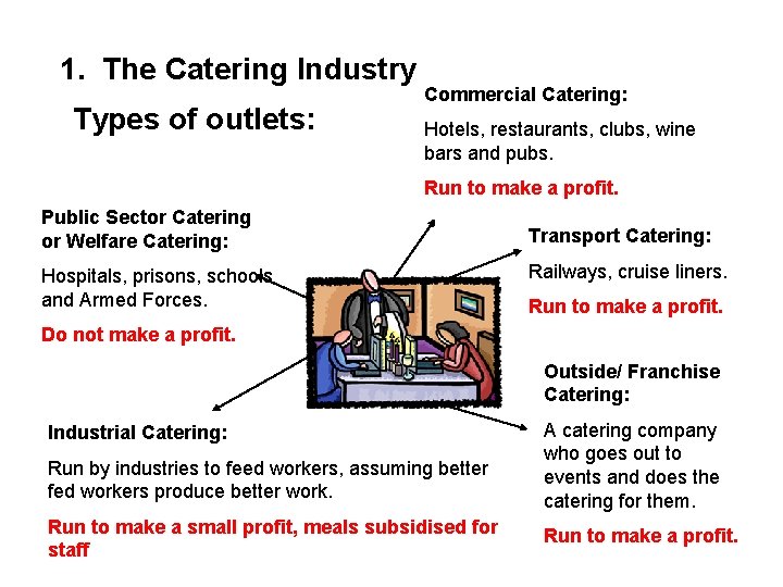1. The Catering Industry Types of outlets: Commercial Catering: Hotels, restaurants, clubs, wine bars