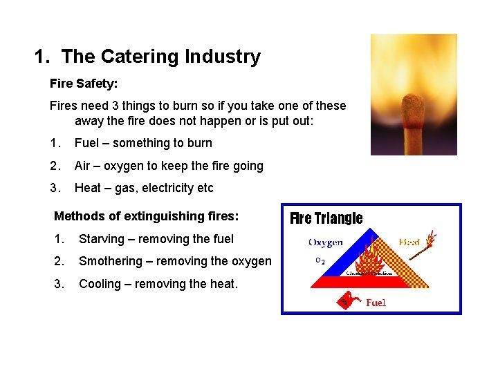 1. The Catering Industry Fire Safety: Fires need 3 things to burn so if