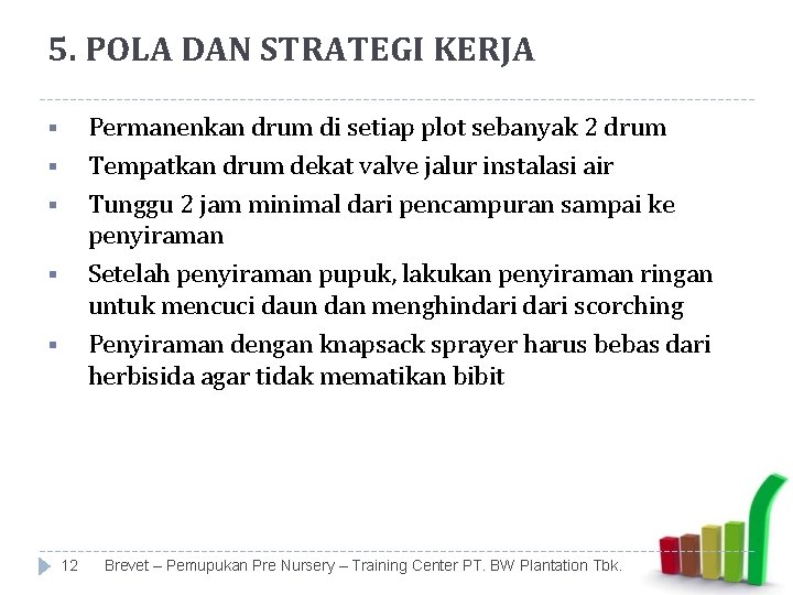 5. POLA DAN STRATEGI KERJA Permanenkan drum di setiap plot sebanyak 2 drum Tempatkan