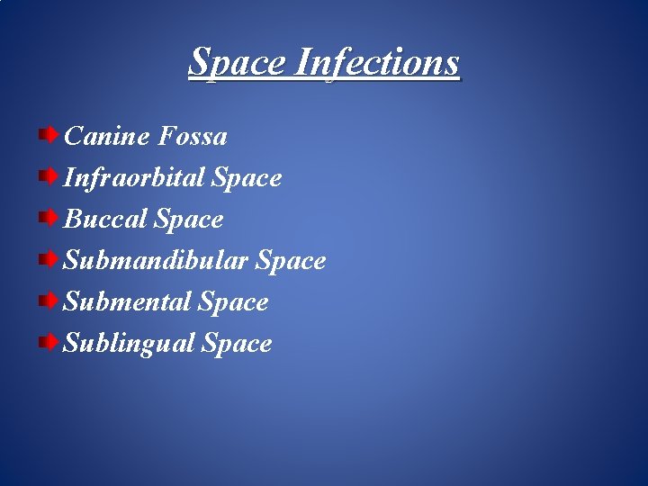 Space Infections Canine Fossa Infraorbital Space Buccal Space Submandibular Space Submental Space Sublingual Space