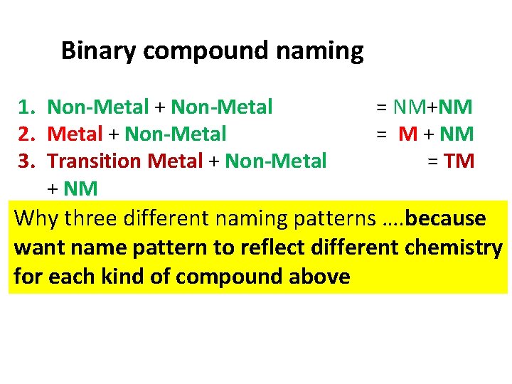 Binary compound naming 1. Non-Metal + Non-Metal = NM+NM 2. Metal + Non-Metal =