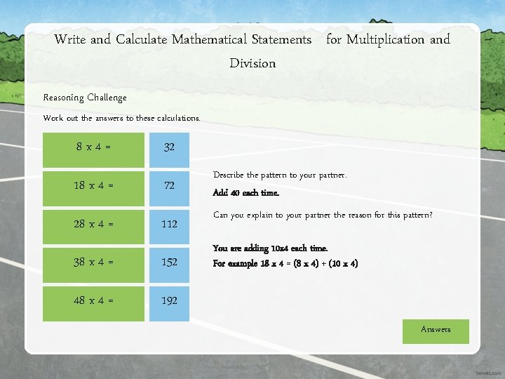 Write and Calculate Mathematical Statements for Multiplication and Division Reasoning Challenge Work out the