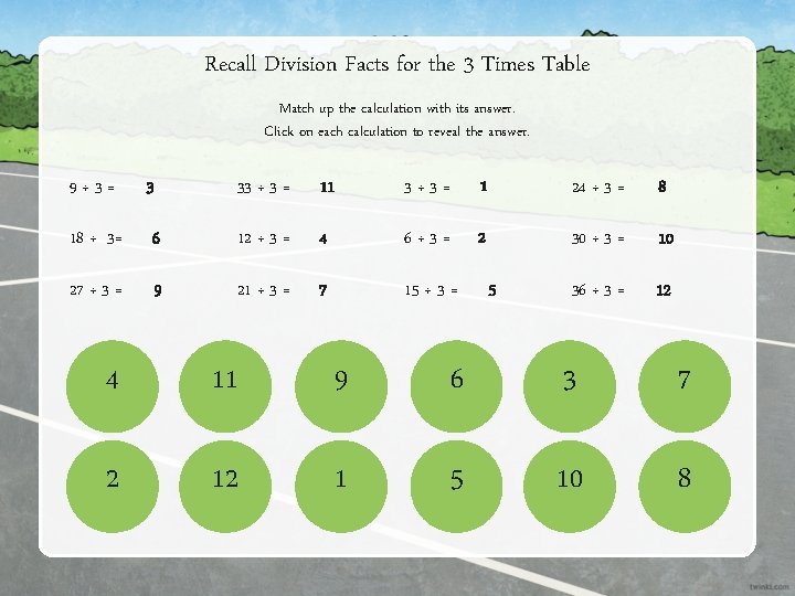 Recall Division Facts for the 3 Times Table Match up the calculation with its