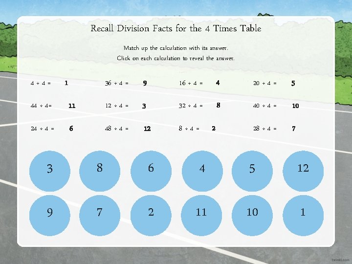 Recall Division Facts for the 4 Times Table Match up the calculation with its