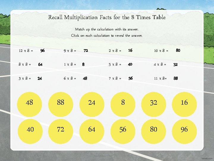 Recall Multiplication Facts for the 8 Times Table Match up the calculation with its