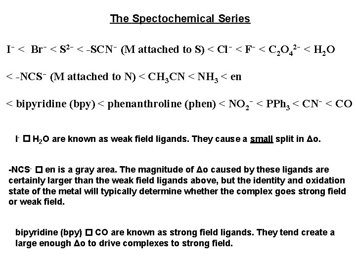 The Spectochemical Series I- < Br- < S 2 - < -SCN- (M attached