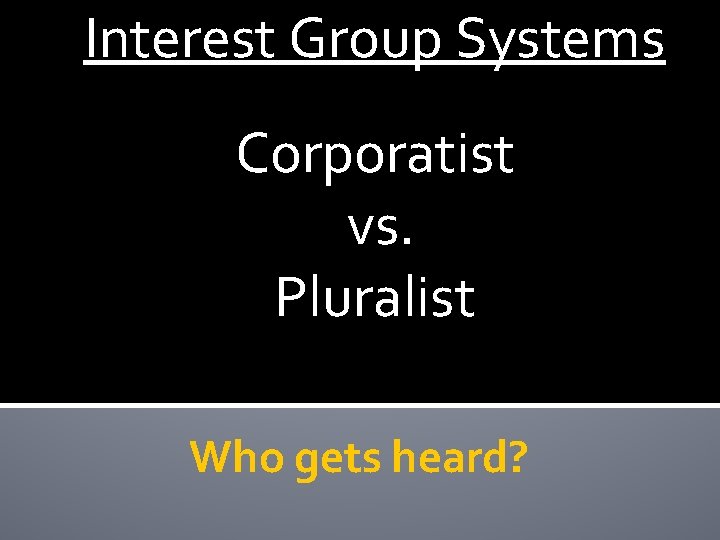 Interest Group Systems Corporatist vs. Pluralist Who gets heard? 