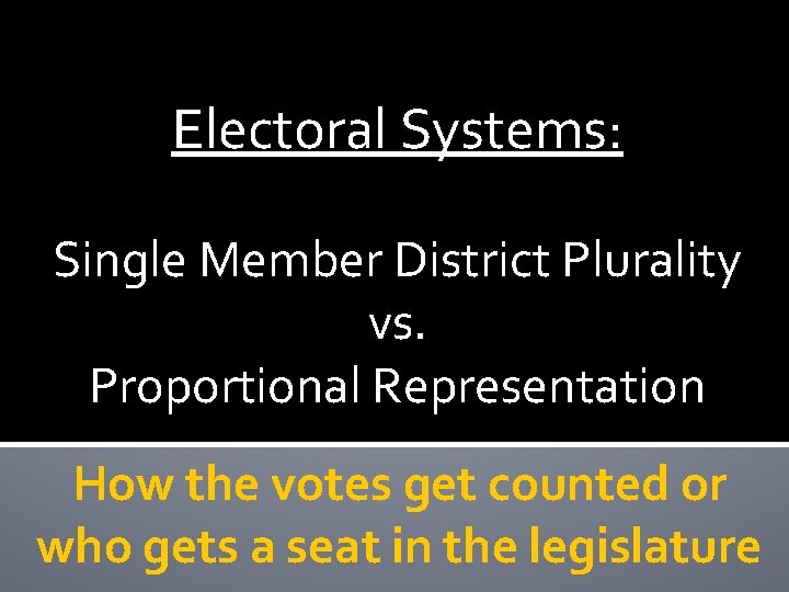 Electoral Systems: Single Member District Plurality vs. Proportional Representation How the votes get counted