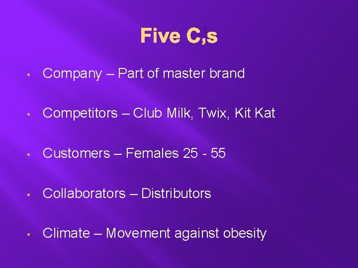 Five C’s • Company – Part of master brand • Competitors – Club Milk,
