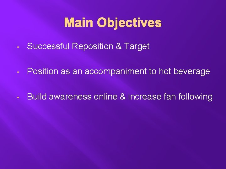 Main Objectives • Successful Reposition & Target • Position as an accompaniment to hot