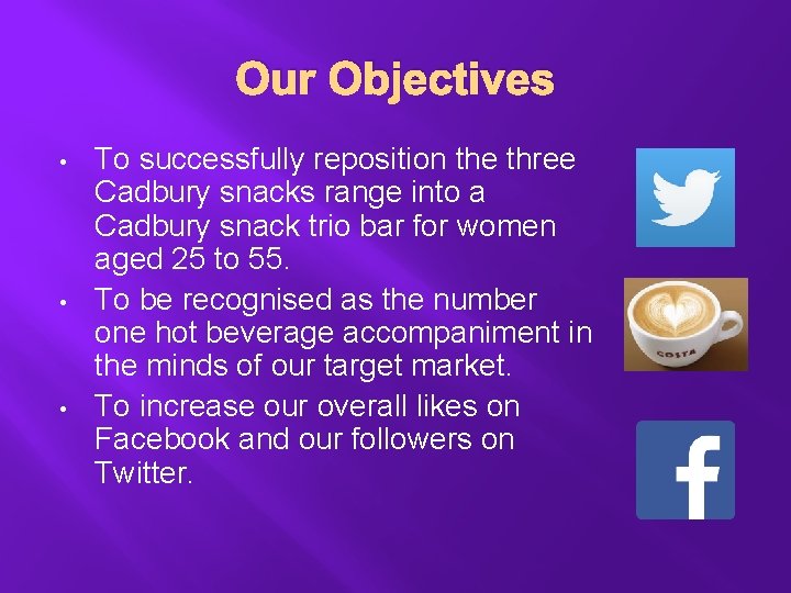 Our Objectives • • • To successfully reposition the three Cadbury snacks range into