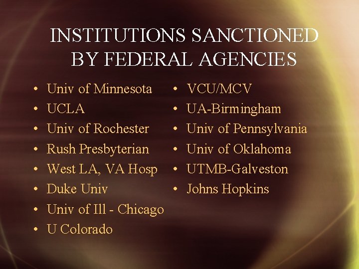 INSTITUTIONS SANCTIONED BY FEDERAL AGENCIES • • Univ of Minnesota UCLA Univ of Rochester