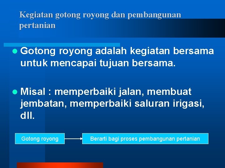 Kegiatan gotong royong dan pembangunan pertanian l Gotong royong adalah kegiatan bersama untuk mencapai