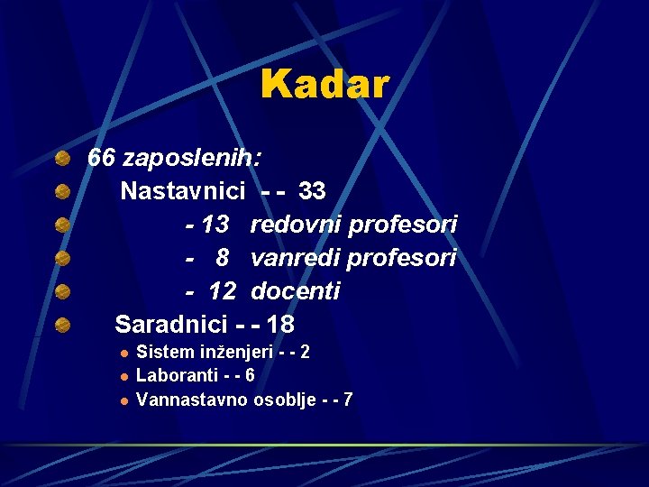 Kadar 66 zaposlenih: Nastavnici - - 33 - 13 redovni profesori - 8 vanredi