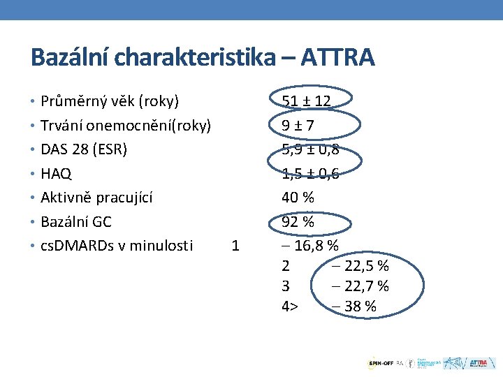 Bazální charakteristika – ATTRA • Průměrný věk (roky) • Trvání onemocnění(roky) • DAS 28