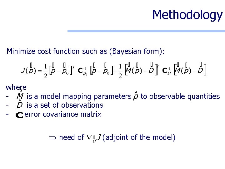 Methodology Minimize cost function such as (Bayesian form): where is a model mapping parameters