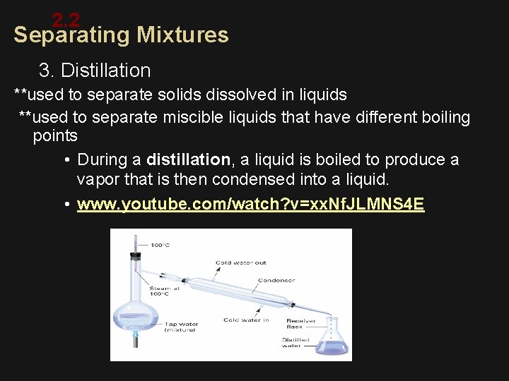 2. 2 Separating Mixtures 3. Distillation **used to separate solids dissolved in liquids **used