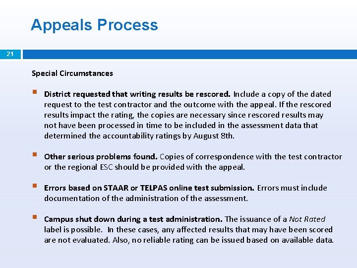 Appeals Process 21 Special Circumstances § District requested that writing results be rescored. Include