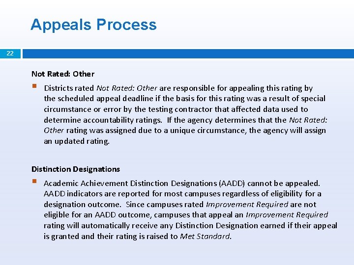 Appeals Process 22 Not Rated: Other § Districts rated Not Rated: Other are responsible