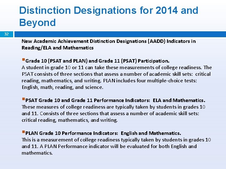 Distinction Designations for 2014 and Beyond 32 New Academic Achievement Distinction Designations (AADD) Indicators