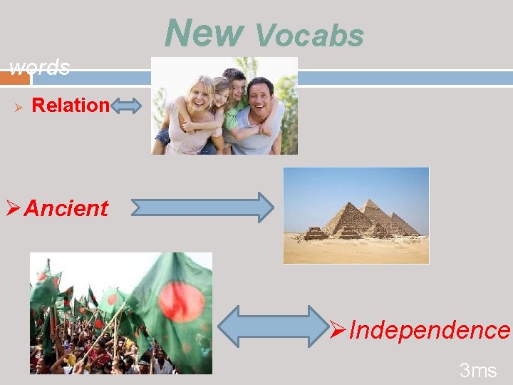 words Ø New Vocabs Relation ØAncient ØIndependence 3 ms 