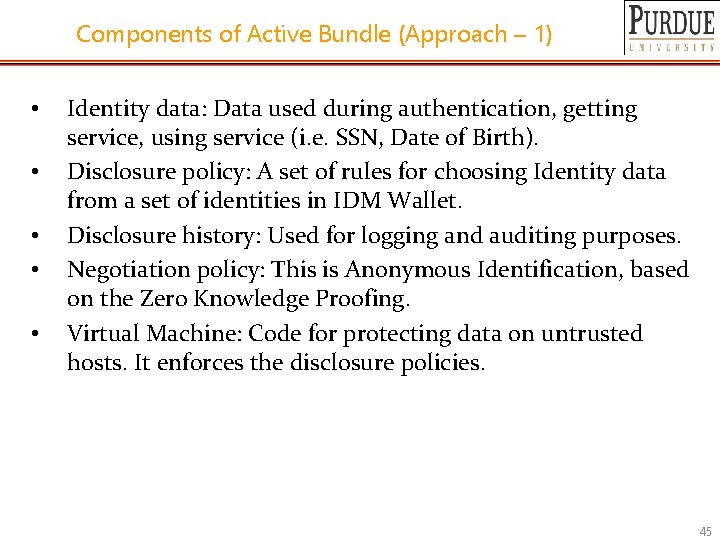 Components of Active Bundle (Approach – 1) • • • Identity data: Data used