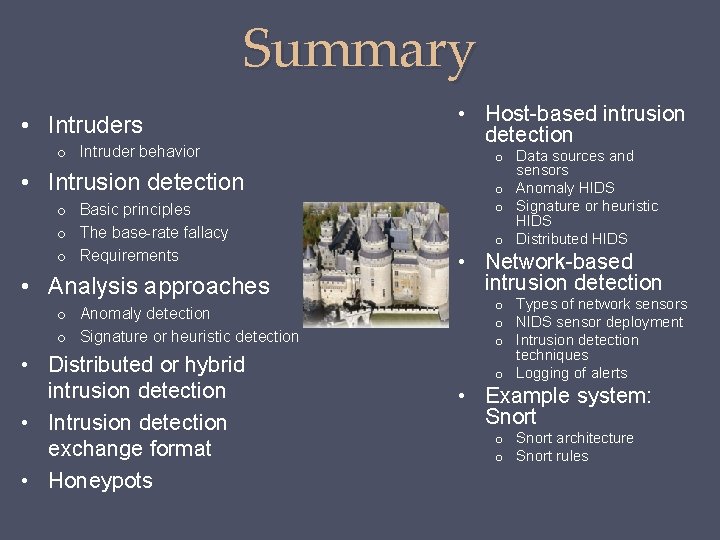 Summary • Intruders o Intruder behavior • Intrusion detection o Basic principles o The