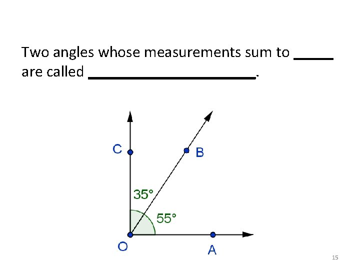 Two angles whose measurements sum to _____ are called ___________. 15 