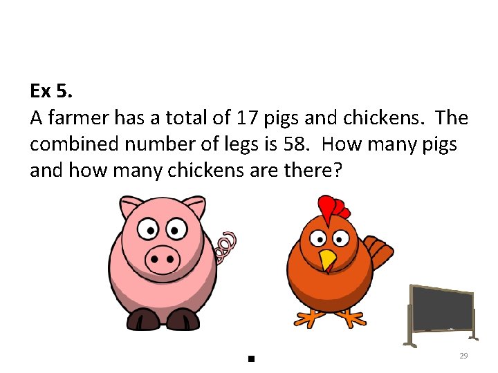 Ex 5. A farmer has a total of 17 pigs and chickens. The combined