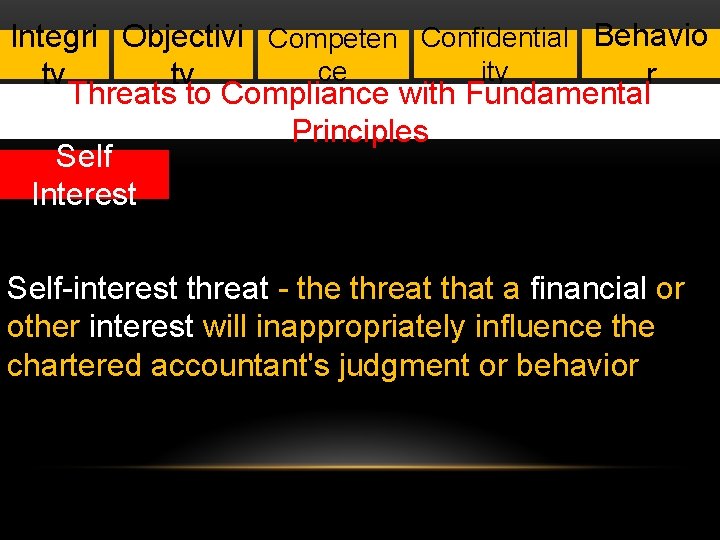 Integri Objectivi Competen Confidential Behavio ity ce r ty ty Threats to Compliance with