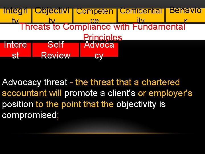 Integri Objectivi Competen Confidential Behavio ity ce r ty ty Threats to Compliance with