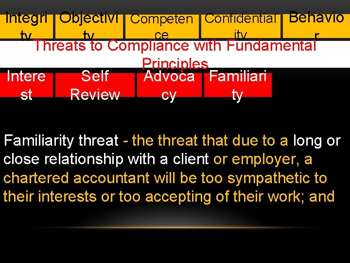 Integri Objectivi Competen Confidential Behavio ity ce r ty ty Threats to Compliance with