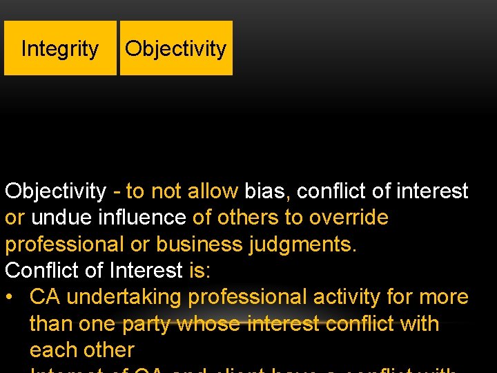 Integrity Objectivity - to not allow bias, conflict of interest or undue influence of