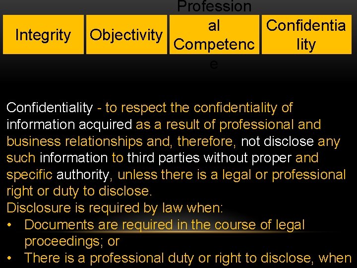 Integrity Profession al Confidentia Objectivity Competenc lity e Confidentiality - to respect the confidentiality