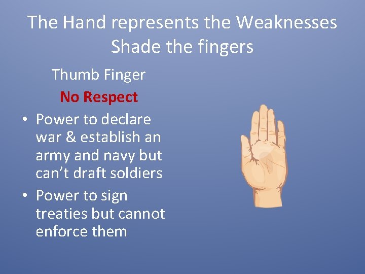The Hand represents the Weaknesses Shade the fingers Thumb Finger No Respect • Power
