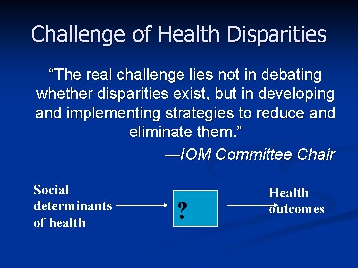 Challenge of Health Disparities “The real challenge lies not in debating whether disparities exist,