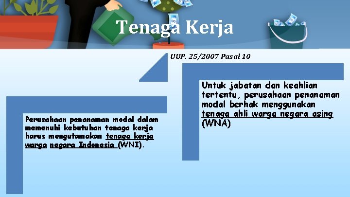 Tenaga Kerja UUP. 25/2007 Pasal 10 Perusahaan penanaman modal dalam memenuhi kebutuhan tenaga kerja