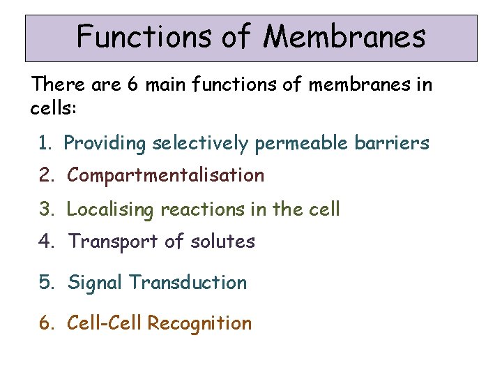 Functions of Membranes There are 6 main functions of membranes in cells: 1. Providing