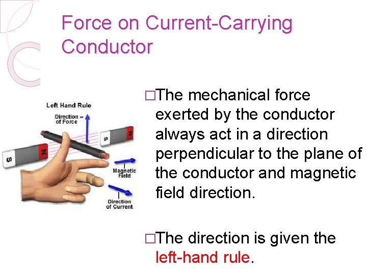 Force on Current-Carrying Conductor �The mechanical force exerted by the conductor always act in