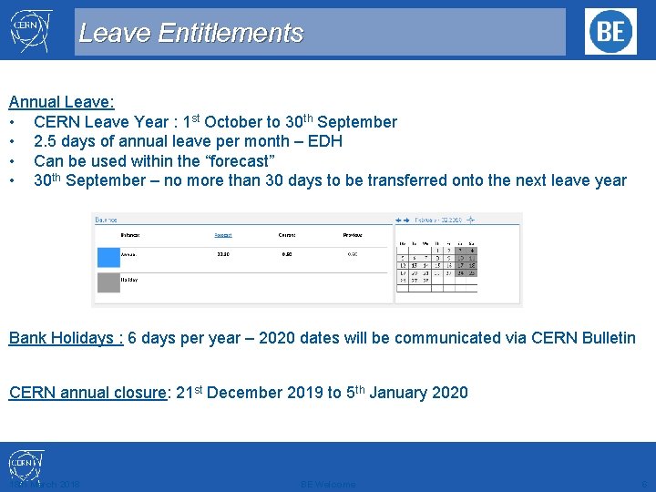 Leave Entitlements Annual Leave: • CERN Leave Year : 1 st October to 30