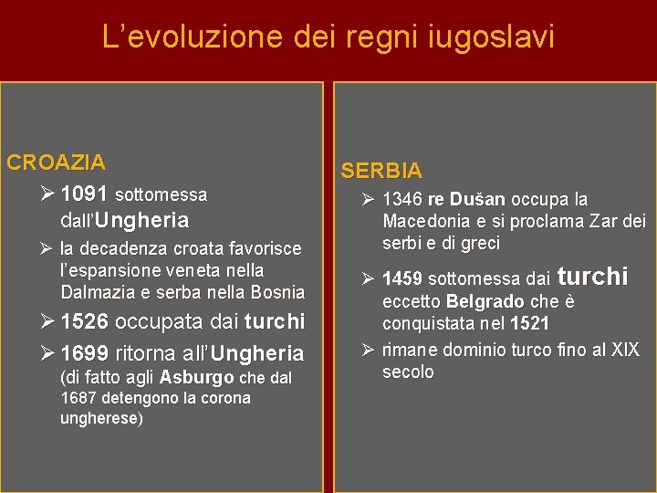 L’evoluzione dei regni iugoslavi CROAZIA Ø 1091 sottomessa dall’Ungheria Ø la decadenza croata favorisce
