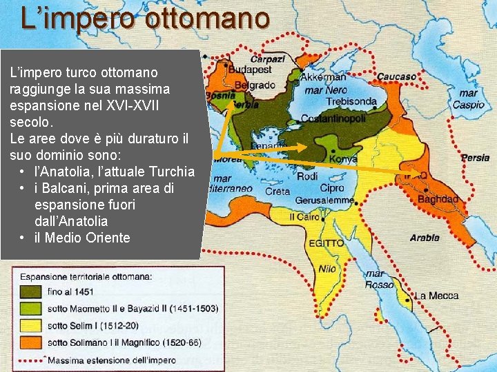 L’impero ottomano L’impero turco ottomano raggiunge la sua massima espansione nel XVI-XVII secolo. Le