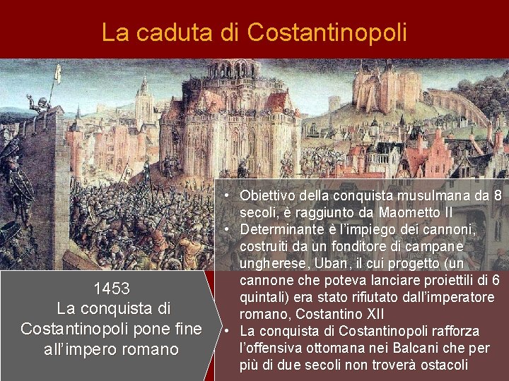 La caduta di Costantinopoli 1453 La conquista di Costantinopoli pone fine all’impero romano •