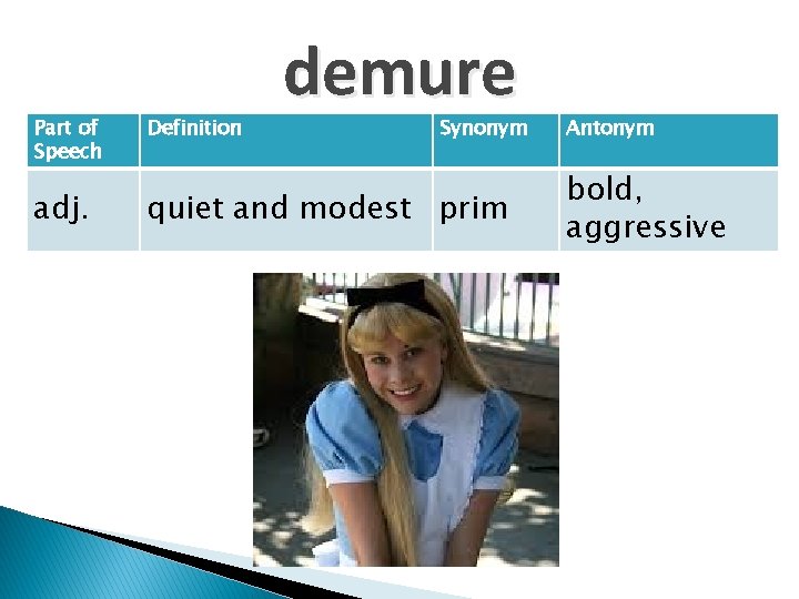 demure Part of Speech Definition Synonym adj. quiet and modest prim Antonym bold, aggressive
